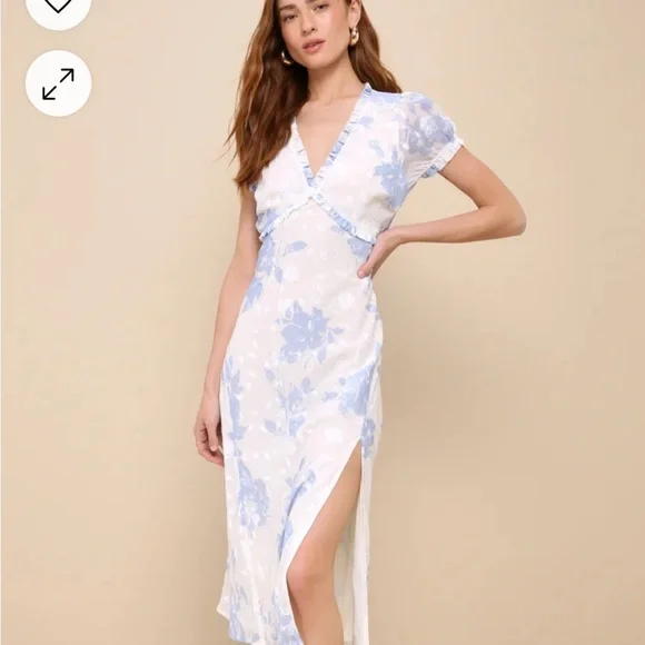 Lulu's Cream Midi Dress with Light Blue Floral Print - Picture 6 of 6